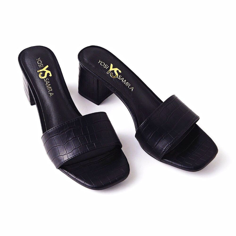 Yosi Samra Women's Black Leather Croc Embossed Square Toe Mule Block Heel 7